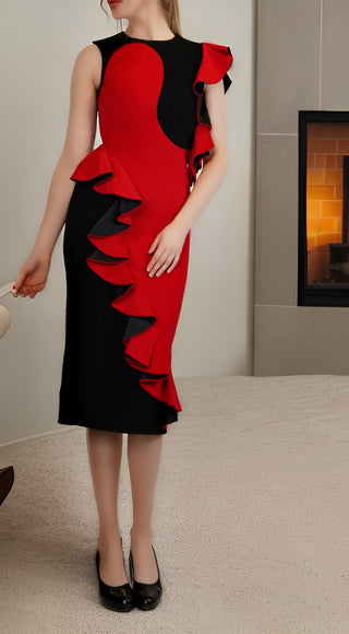 Black and red wool dress with ruffle