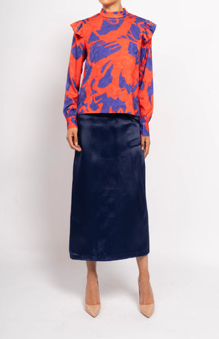 Abstract Print Ruffle Shoulder Blouse