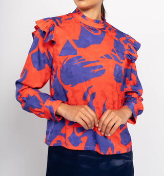 Abstract Print Ruffle Shoulder Blouse