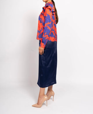 Abstract Print Ruffle Shoulder Blouse